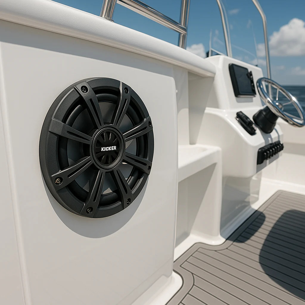 custom marine audio system with amplifier and speakers installed in boat