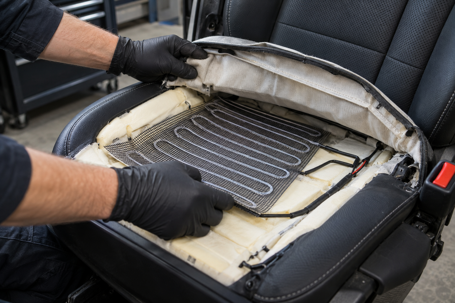Heating element positioned beneath vehicle seat upholstery during installation